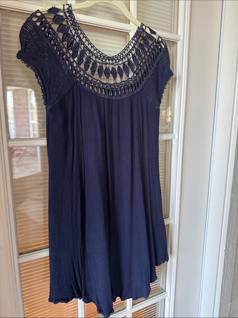 Women's Navy Crochet Yoke Flutter Babydoll Dress